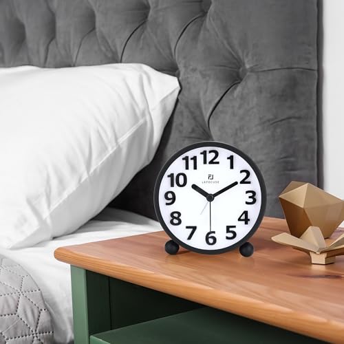 Lafocuse Metal Large 3D Numerals Easy to Read Analog Alarm Clock for Heavy Sleepers with Night Light and Snooze Function, Silent Black Bedside Clock for Bedroom Desk Shelf Table, 4 Inch