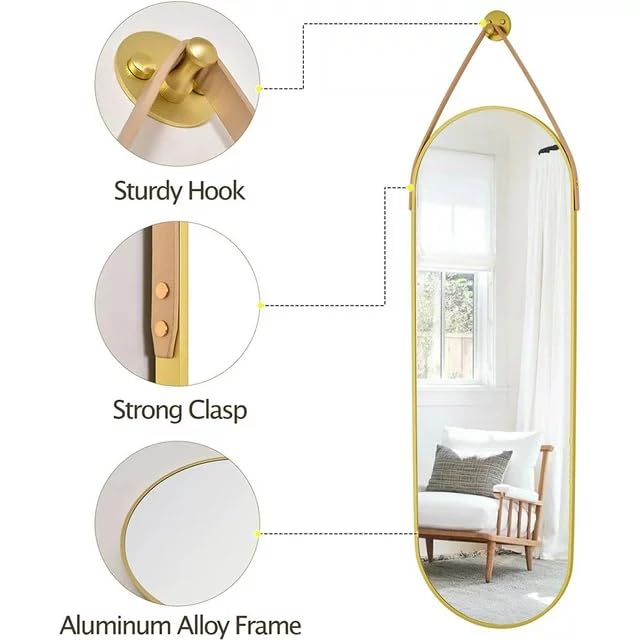OGCAU 48'' x 16'' Full Length Mirror Wall-Mounted, Full Body Hanging Mirror for Wall and Door in Bedroom, Living Room, Oval with Straps, Hanging with Aluminum Alloy Frame (Oval Gold)