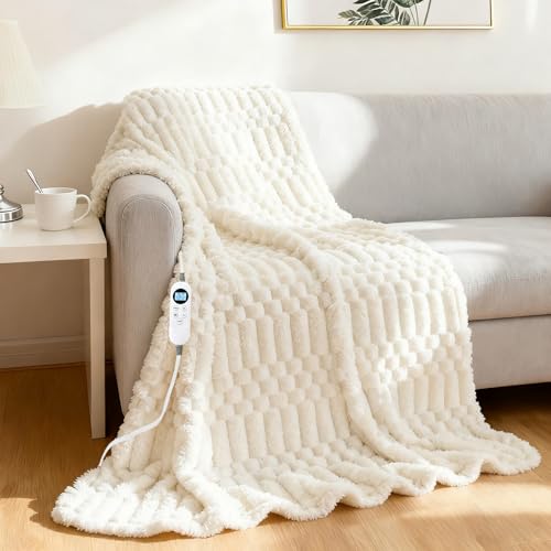 Eastsora Heated Blanket Flannel Blanket Throw, 50"X 60"Electric Heating Blanket with ETL & FCC & 12 Heating Levels & Auto Shut Off，Machine Washable (White)