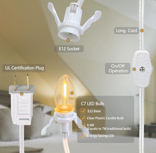 2 Pack Accessory Cord with LED Night Light Bulbs - White Cord with On/Off Switch Plugs - C7 led Bulb Warm White with Spare Fuse for Holiday Decoration and Craft Village House Decoration
