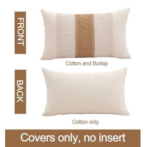 Lumbar Throw Pillow Covers 12 x 20 Inch 1PC for Farmhouse Living Room, Cotton & Burlap Textured Striped Woven Boho Pillow Covers (Beige & Brown, Single Striped)