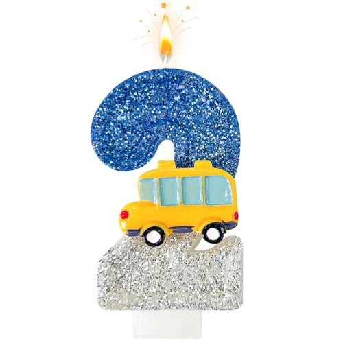 2st Birthday Number Candles for School Bus Blue and Silver Birthday Decorations for Boys for Cakes, Parties, Anniversary Celebrations, Bakery Decorations (Number-02)