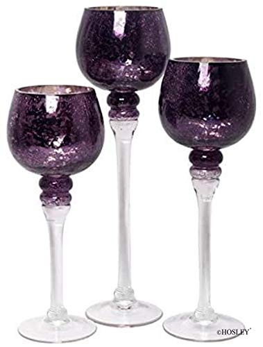 Hosley Set of 3 Crackle Purple Glass Tealight Holders 12 Inch, 10 Inch, 9 Inch Heights for Captivating Candlelight Ambiance Radiant Elegance