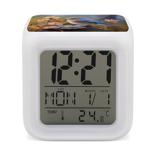 Eastern Bluebird Alarm Clocks with 7 Color Changing Night Light Exquisite Bedroom Digital Clocks with LED Temperature Display Desk Clock Ok to Wake Clocks for Heavy Sleeper