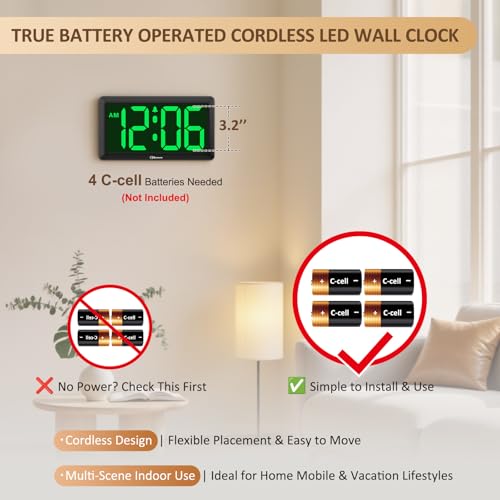 Soobest 9.5 Inch Large LED Digital Wall Clock Battery Operated, Auto & Manual Dimmer Display, Easy to Read 3.2'' Big Digit with Alarm for Seniors, Modern Decor for Living Room, Bedroom, Office (Green)