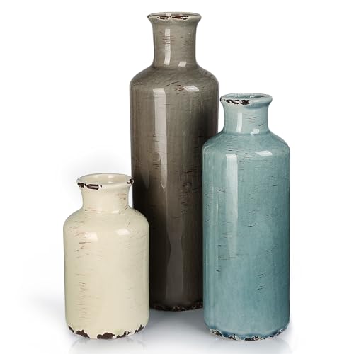 CUCUMI Ceramic Vases Set of 3, Rustic Coastal Vases Home Decor, Farmhouse Flower Vases Decor for Shelves, Ocean Beach Style, Mantle, Fireplace, Coffee Table, Shelf Decorations