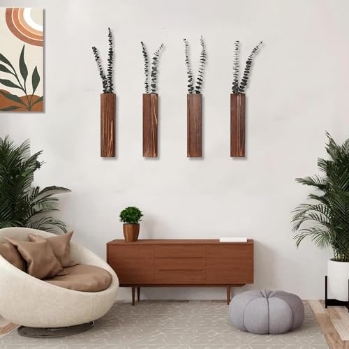 Wooden Wall Planter Set of 4 - Modern Home Decor for Living Room, Bedroom, Bathroom - Walnut Finish Planter for Dried Flowers, Faux Greenery, Indoor Plants