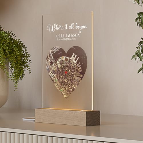 Where It All Began – Custom Satellite Map Plaque | Personalized Couple Gift with Names & Coordinates | Romantic LED Night Light Home Decor | Unique Love Keepsake for Him or Her