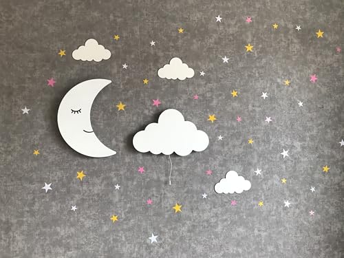 Set of 2 Moon and Cloud Night Light for Kids, Cordless Battery Operated Wall Mount Lamp Decor for Nursery & Toddler Room, Soft LED Baby Nightlight, Hanging Wall Lamps for Boys & Girls Bedroom (White)