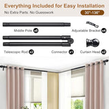Corner Curtain Rod for Windows - L Shaped 30 to 136 Inches Adjustable,1 Inch Heavy Duty Corners Window Curtain Rods, 180° Connector Angled Drapery Pole -Black