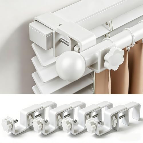Mimiio No Drill Curtain Rod Brackets for Outside-Mount Blinds, Tool-Free Over-Blind Curtain Rod Holders, Fits 1-2" Rectangular Headrails, No Wall Damage, Renter Friendly Window Hardware, 4 Pack, White