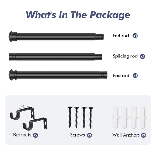Small Curtain Rods for Windows 30" to 45" 5/8 Inch Standard Decorative Black Curtain Rod with Brackets Easy to Install for Bedroom Living room Kitchen (30",45")