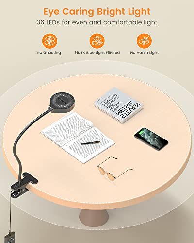 Glocusent 5W Clip on Light, 36 LED Eye Caring Reading Light for Bed, 3 Colors & 5 Brightness Clip on Lamp with Adapter, Perfect Desk Lamp with Clamp/Bunk Bed/Headboard/Table