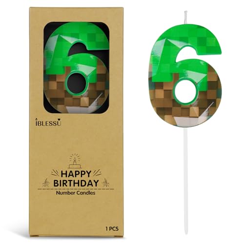Pixel Birthday Candle, 2.68 Inch Miner Number Candles, Game Themed Candle Birthday Decoration for Pixel Theme Birthday Anniversary Dynamite Video Game Party (Green, 6)