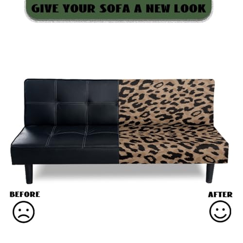 Leopard Print Couch Cover Stretch Futon Slipcover Foldable Armless Sofa Cover with Elastic Bottom Aesthetic Furniture Protector Foldable Couch Pet Covers for Sofa