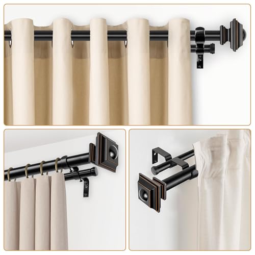KAMANINA 1 Inch Double Curtain Rods 66 to 120 Inches (5.5-10 Feet), Telescoping Splicing Black Curtain Rod for Windows 54 to 115 Inches, Decorative Curtain Rods with Square Finials