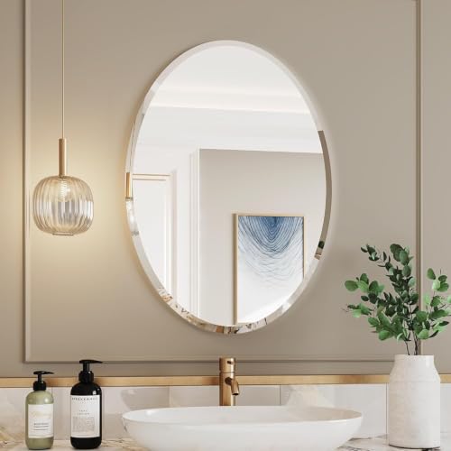 KOHROS 17.8x23.6 Oval Frameless Bathroom Vanity Mirror | 0.7-Inch Beveled Edge
