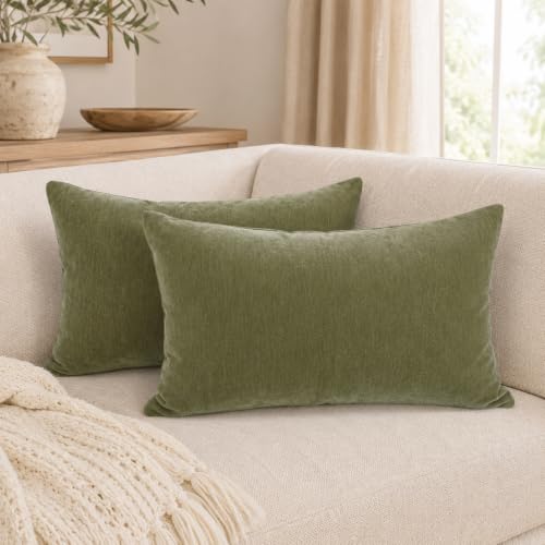 Chenille Lumbar Pillow Covers 12x20 inch Olive Sage Green