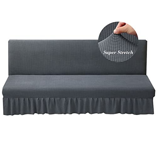 HFCNMY Stretch Armless Futon Cover with Skirt Knitted Jacquard Futon Sofa Bed Cover Machine Washable Futon Couch Cover Futon Sofa Cover Furniture Bed Protector with Elastic Bottom (Dark Gray)