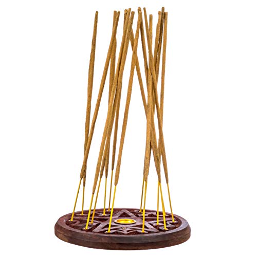 Pentagram Incense Holder - Handcrafted Incense Burner fits 15 Incense Sticks and 1 Incense Cone - Carved Wood, Brass Holders - 5 Inches Wide