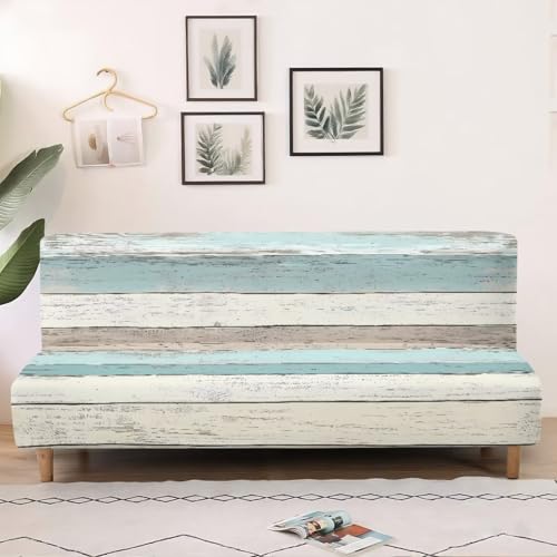 Decorative Armless Futon Cover Stretch Futon Sofa Bed Slipcover Machine Washable Printed Couch Cover Non-Slip Furniture Protector for Home Decor, Wood Grain Print White Blue