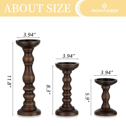 Romadedi Wood Pillar Candle Holders, Dark Brown Solid Wood, Set of 3