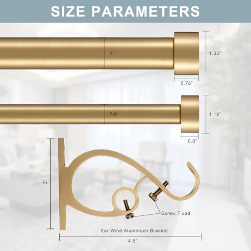 Double Blackout Curtain Rods 36 to 72 Inches (3-6 Feet),1-Inches Front and 5/8 Inches Back Adjustable End Cap Double Window Drapery Rod for Drapes and Curtains,Warm Gold