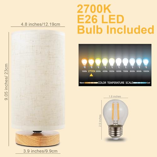 Small Bedside Table Lamp for Bedroom, Minimalist Wood Base & Round Fabric Shade, Mini Cute Cozy Warm White Nightstand Boho Lamp, Study Desk Night Stand Light for Room, Dorm, Nursery, Living Room