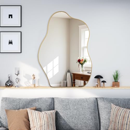 BOMINICA Irregular Wall Mirror Asymmetrical Mirror, Decorative Wall Mirror Golden Wood Framed, Wall Mounted Mirror for Bathroom Living Room Entryway Bedroom Hallway (Gold, 20" x 28")
