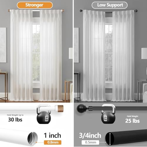 White Curtain Rods for Windows 48 to 84 Inches(4-7ft),1 inch Adjustable Window Curtain Rods with Imitation Wood Grain Finials,Heavy Duty Decorative Drapery Rod for Bedroom,Kitchen and Patio