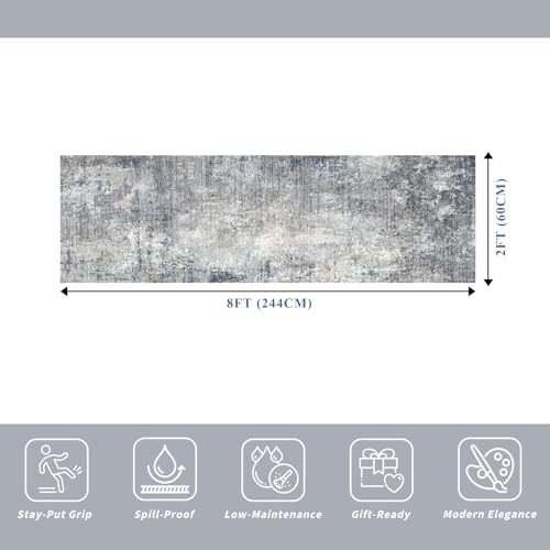 2x8 Washable Non-Slip Hallway Runner Rug – Modern Coastal Abstract Neutral Stain-Resistant Low-Pile Carpet Runner for Kitchen Entryway Bedroom Bathroom (Blue Gray,2x8)