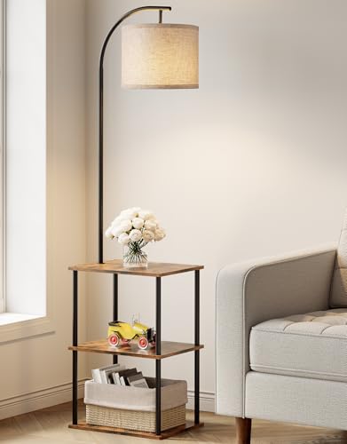 Floor Lamp with Table, Night Stand with Lamp, Narrow Side Table with 3CCT LED Bulb, Small Coffee Table, Modern End Table with Storage Shelves for Living Room Bedroom Home Décor