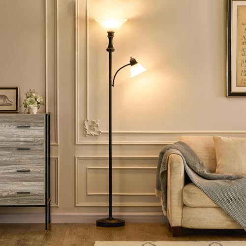 71'' Floor Lamps for Living Room, Tall Floor Lamp for Bedroom with Adjustable Angle Arc Reading lamp, Modern Torchiere Standing lamp with Glass Shade, Knob Switch, Bulb Included, Black