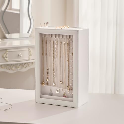 Lolalet Necklace Organizer Box, Jewelry Storage Box with Clear Window for Necklaces Bracelets, Tangle-Free Necklace Display Case for Women Girls, White, 3 Layers 30 Hooks
