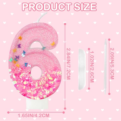 Pink Sequin Birthday Candles, Cake Number Candles, Girls 0th Birthday Decorations, Suitable for Birthday Parties, Anniversary Party Decorations(6)