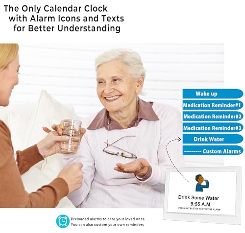 MASSII 11.5" Black +11.5" White Digital Clock with Auto DST and 20 Alarms Custom Reminders, Non-Abbreviated Calendar Day Date Clock for Seniors Dementia Alzheimers'