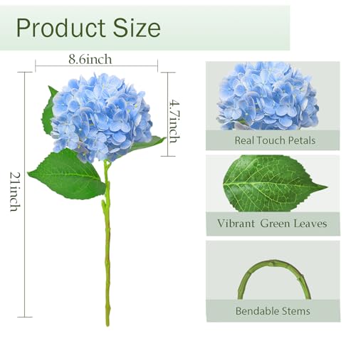 3 Pcs 21" Real Touch Blue Hydrangea Artificial Flowers with Stems, Fake Silk Flowers for Outdoors, Artificial Flowers for Home Decor Wedding Bouquets Centerpieces Vase