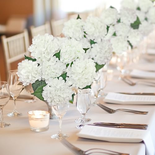 6PCS White Hydrangea Artificial Flowers, Bulk Silk Fake Flower with Stems, Faux Hydrangeas Bouquets for Home Décor, Wedding, Party, and Office Table Centerpieces.