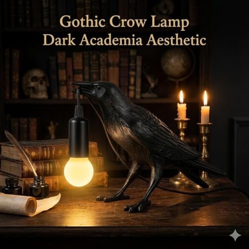 Crow Lamp Gothic Decor, Raven Table Lamp with Adjustable Brightness, Dark Academia Aesthetic Night Light for Bedroom, Halloween Black Bird Lamp, Unique Gift