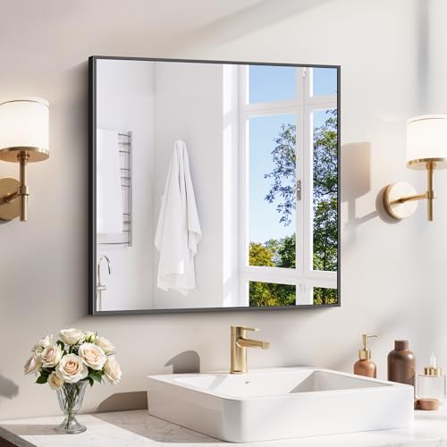 YIROMAN Bathroom Mirror 24"x24", Matte Black Bathroom Mirror for Over Sink with Aluminum Frame, Square Vanity Mirror with Right Angle, Wall Mirror Hangs Horizontal or Vertical