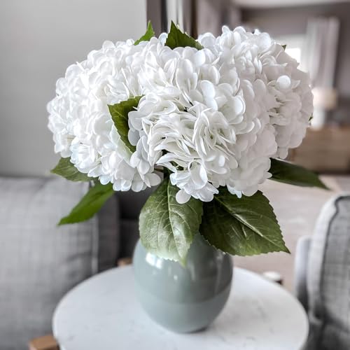 DUYONE 22" Real Soft Touch Hydrangea Artificial Flowers Realistic,Large Long Stem Fake Flowers Full Latex Faux,Wedding Bouquet,Party Home Decor,Garden Office Room Table Centerpieces White 3Pcs