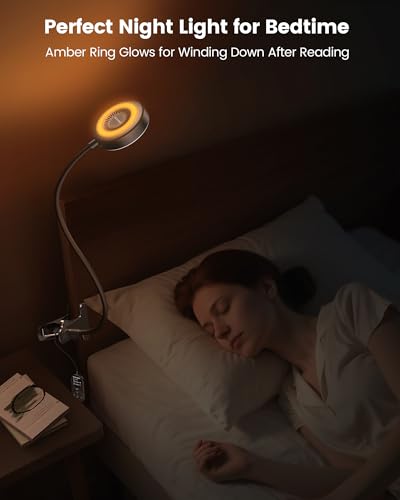 Glocusent 72 LED Clip on Lamp with Remote, Reading Light with Amber Ring, 3 Colors & 5 Dimmable Bed Lamp, 30/60-Min Auto Off Timer, Clamp Light for Headboard/Dorm/Bunk (Black)