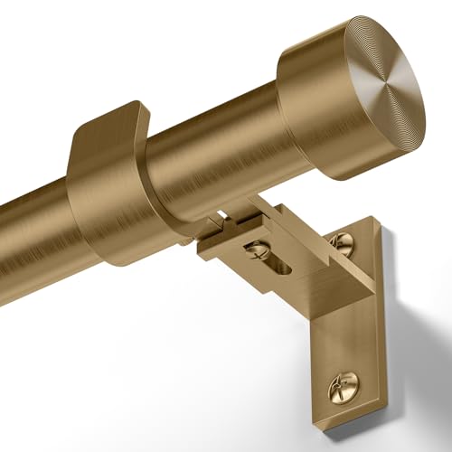 Brass Gold Curtain Rod 34-124 Inch, Brushed Warm Gold 1” Adjustable Long Heavy Duty Curtain Rods for Windows, Decorative Antique Bronze Window Treatment Rods with Modern Solid Aluminum Finial