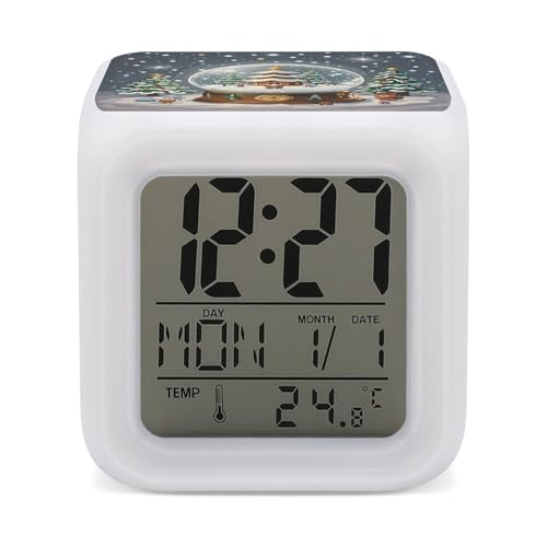 Christmas Snow Globe Alarm Clock Sound Machine with 7 Color Changing Night Light Wake Up Digital Clock Large LED Display Number Alarm Clocks Home Office Bedroom Decor