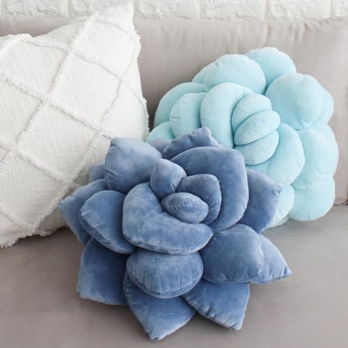 Green Philosophy Co. Succulent® Pillow 16" - Soft 3D Decorative Flower Throw Pillow, Unique Smokey Blue Plush Flower Cushion, Perfect for Couch, Sofa, Bedroom Decor, Gift for Plant Lovers