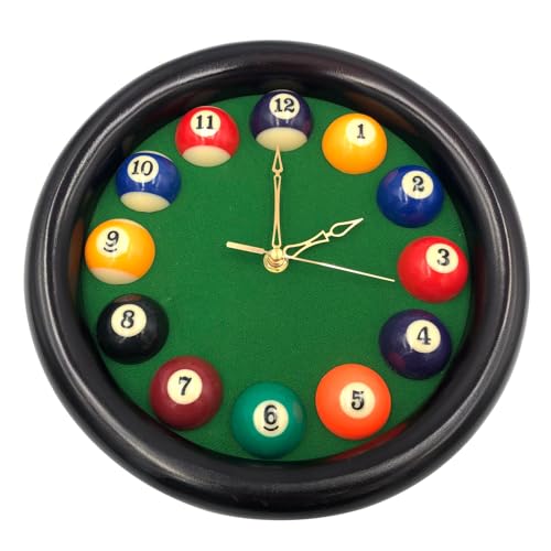 Yuanhe Billiards Pool Ball Clock - 11Inch Round Table Cool Wall Clock with Wood Frame, Great for Billiards, Pool, Game Room, Bar