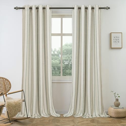 DriftAway Farmhouse Linen Blackout Curtains 84 Inches Long for Bedroom Striped Double Layer Thermal Insulated Sound Reducing Lined Grommet Rustic Drapes for Living Room 2 Panels W52 x L84 Loden Green