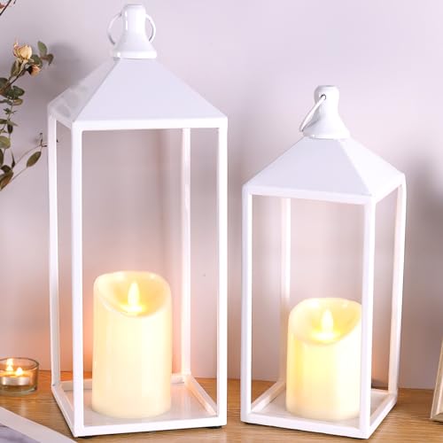 White Decorative Lantern Decor 17" 13" Set of 2 Wedding Lantern with Candle