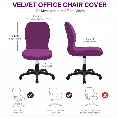 Deisy Dee Velvet Stretch Armless Office Chair Covers - Colorful Stretch Slipcover for Desk Chairs (Purple)