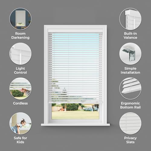 Lumino - 2" Cordless Flat Slat Faux Wood Window Blinds for Home - 34" W x 64" L - White, Faux Wood Blinds for Indoor Windows, Venetian Room Darkening Blinds